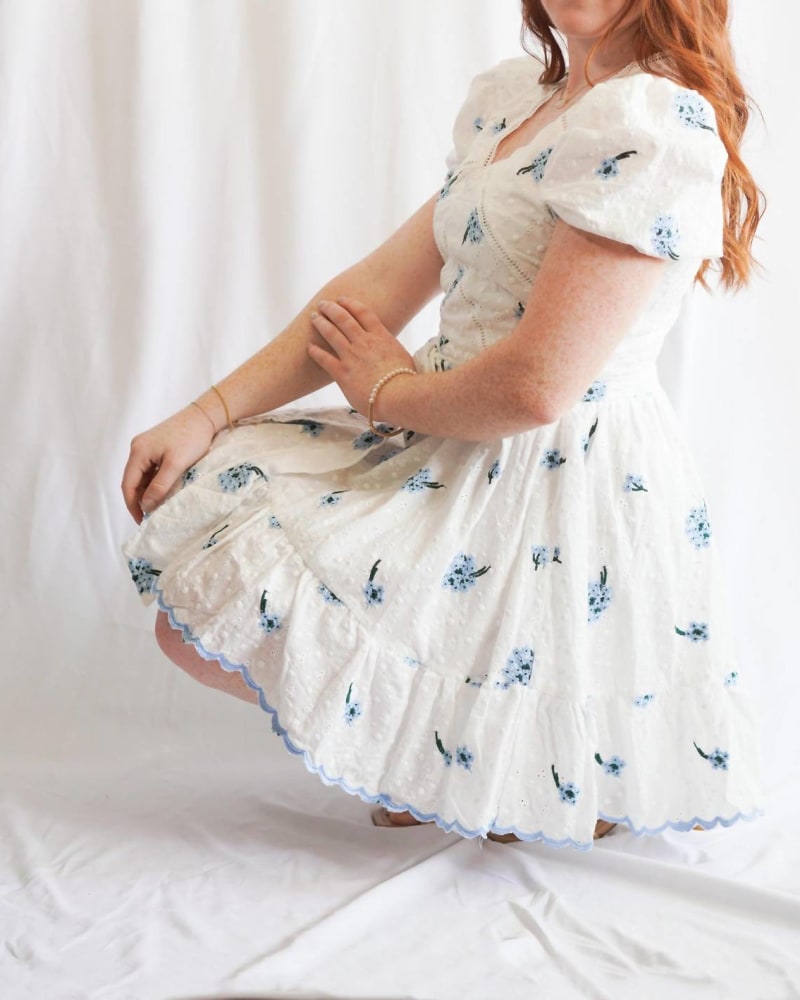Front of a model wearing a size L Hydrangea Dreams White Summer Dress In White in White by Just Me. | dia_product_style_image_id:342214